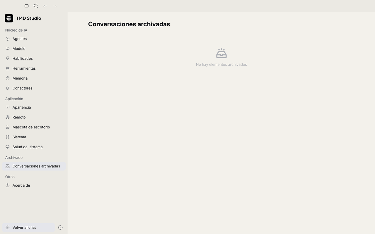 Pantalla de Conversaciones archivadas, vacía
