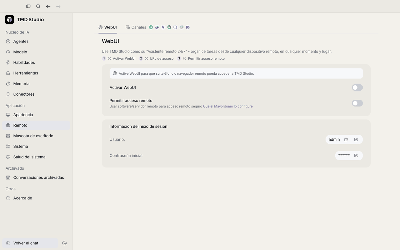 Pantalla de Remoto (WebUI) con el usuario y la contraseña inicial generados