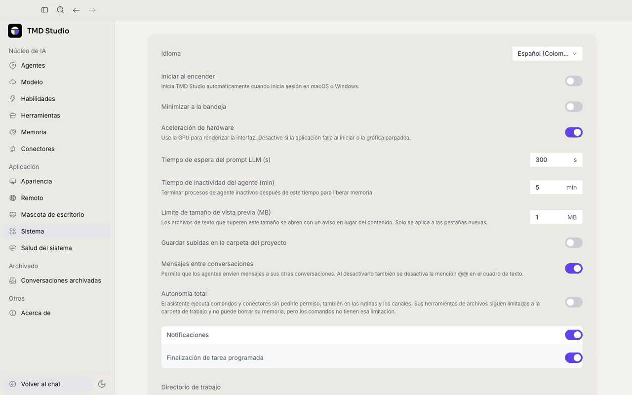 Pantalla de Sistema con el interruptor de Autonomía total, apagado, y su descripción