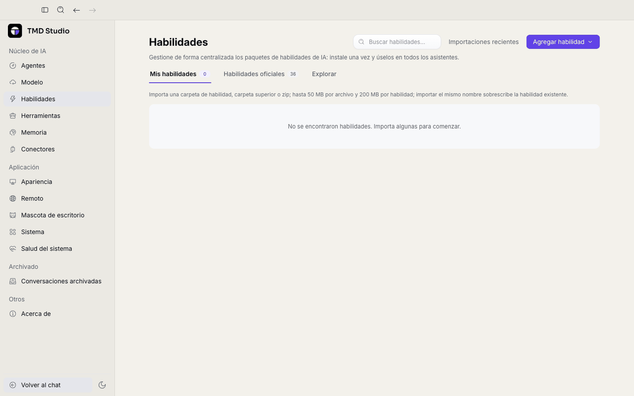 Pantalla de Habilidades, pestaña Mis habilidades, vacía, con 36 Habilidades oficiales