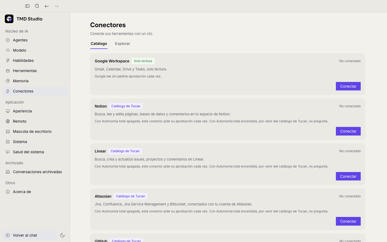 Pestaña Catálogo con las tarjetas de Google Workspace, Notion, Linear y Atlassian
