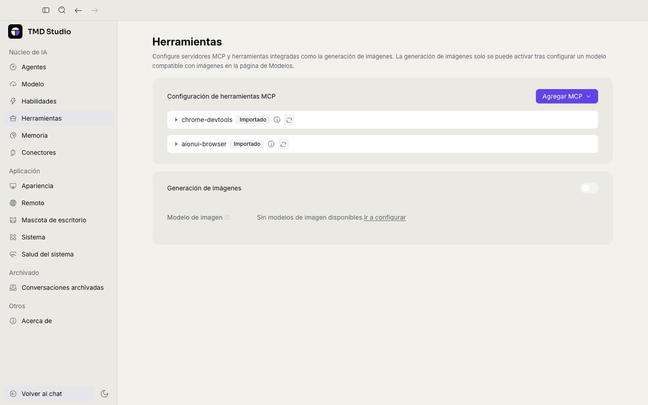 Pantalla de Herramientas con dos servidores MCP importados