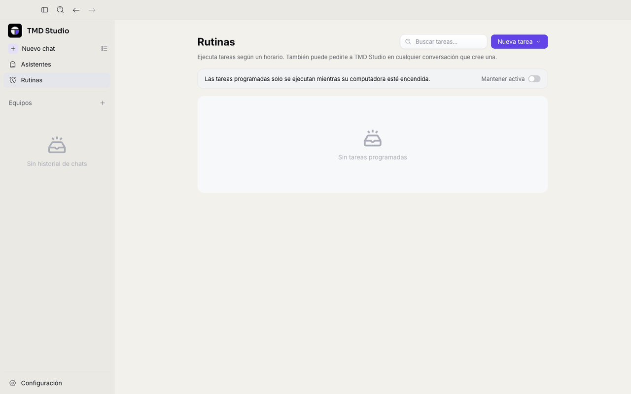 Pantalla de Rutinas vacía, con el botón Nueva tarea