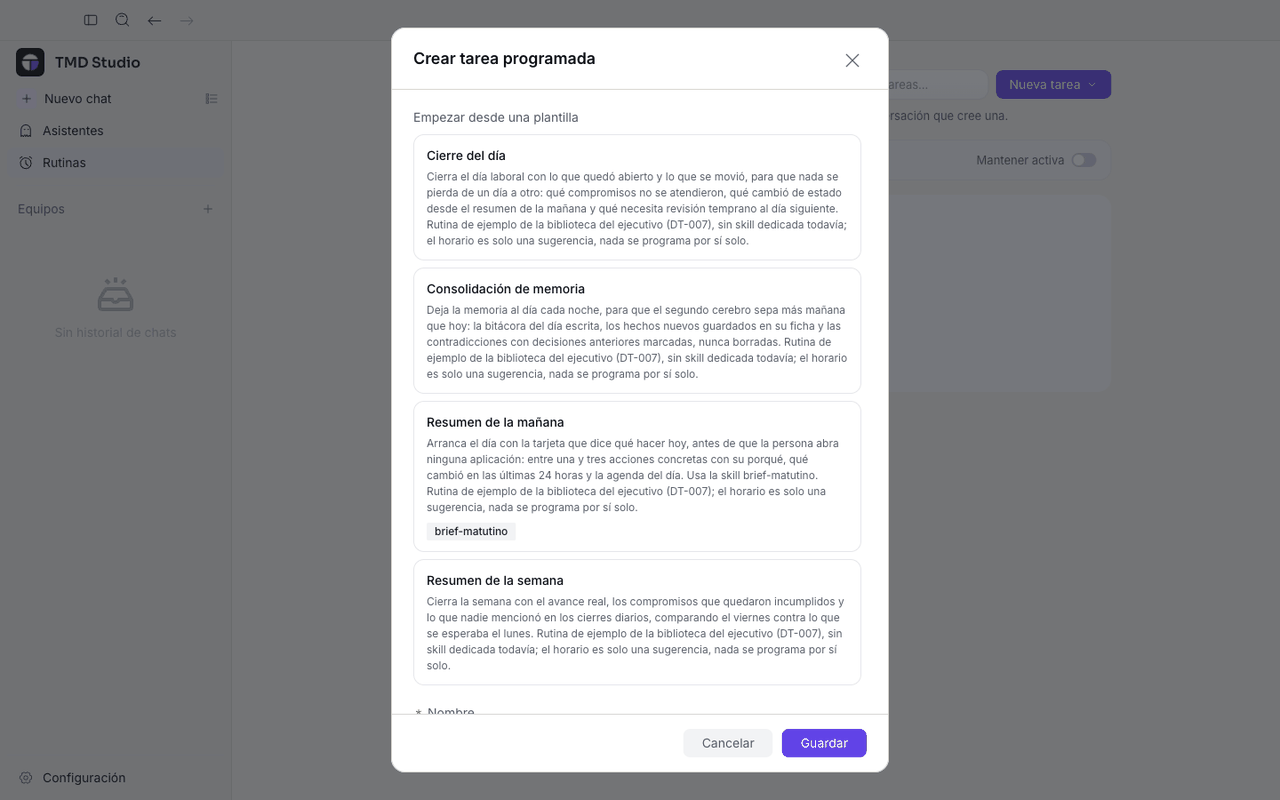 Formulario Crear tarea programada con las plantillas Cierre del día, Consolidación de memoria, Resumen de la mañana y Resumen de la semana