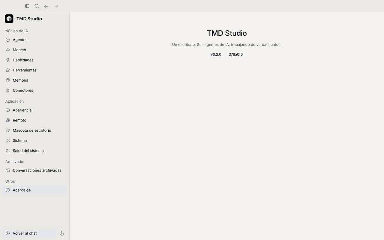 Pantalla Acerca de, con el nombre, la versión y el commit de TMD Studio